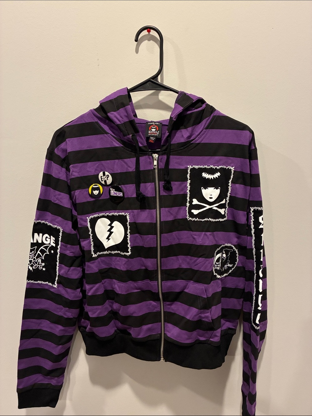Dolls Kill Purple & Black Striped Hooded Zip Jacket with Punk Patches